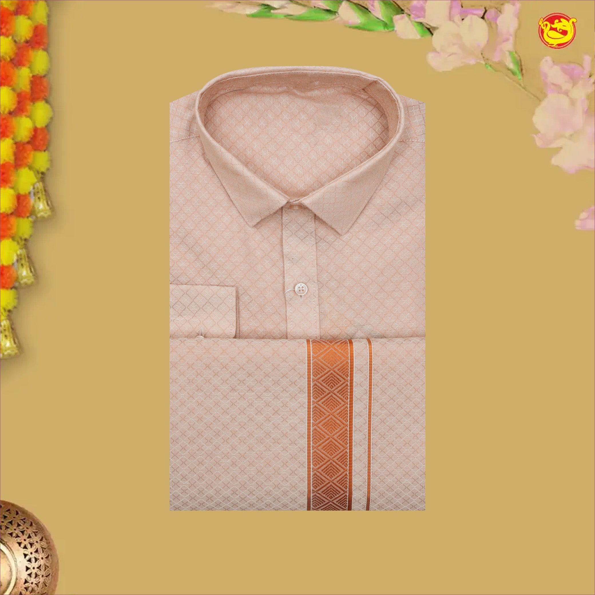 Light Peach Colour  Readymade Shirt And Matching Border Dhoti Set for Men