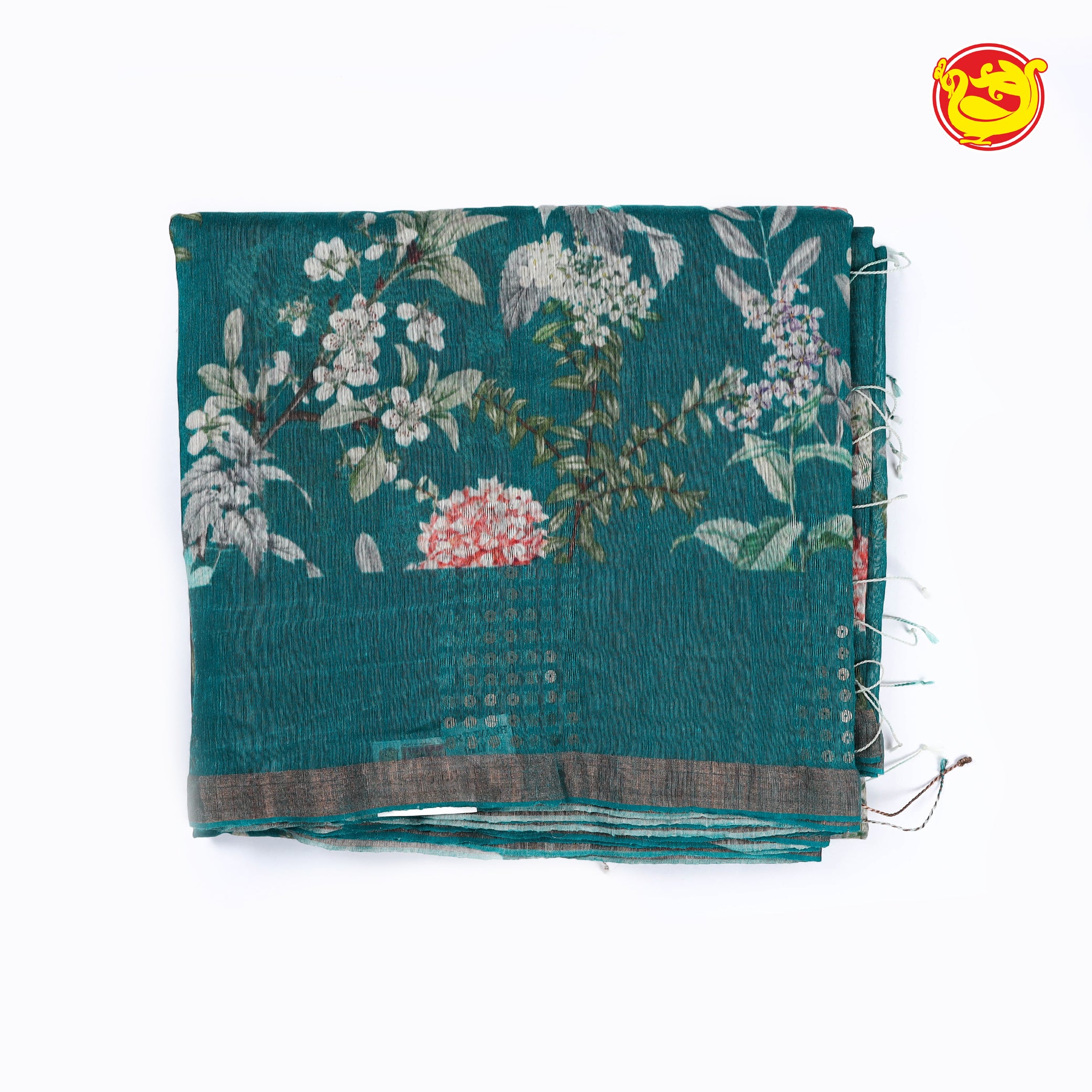 Blue linen silk saree with floral digital prints