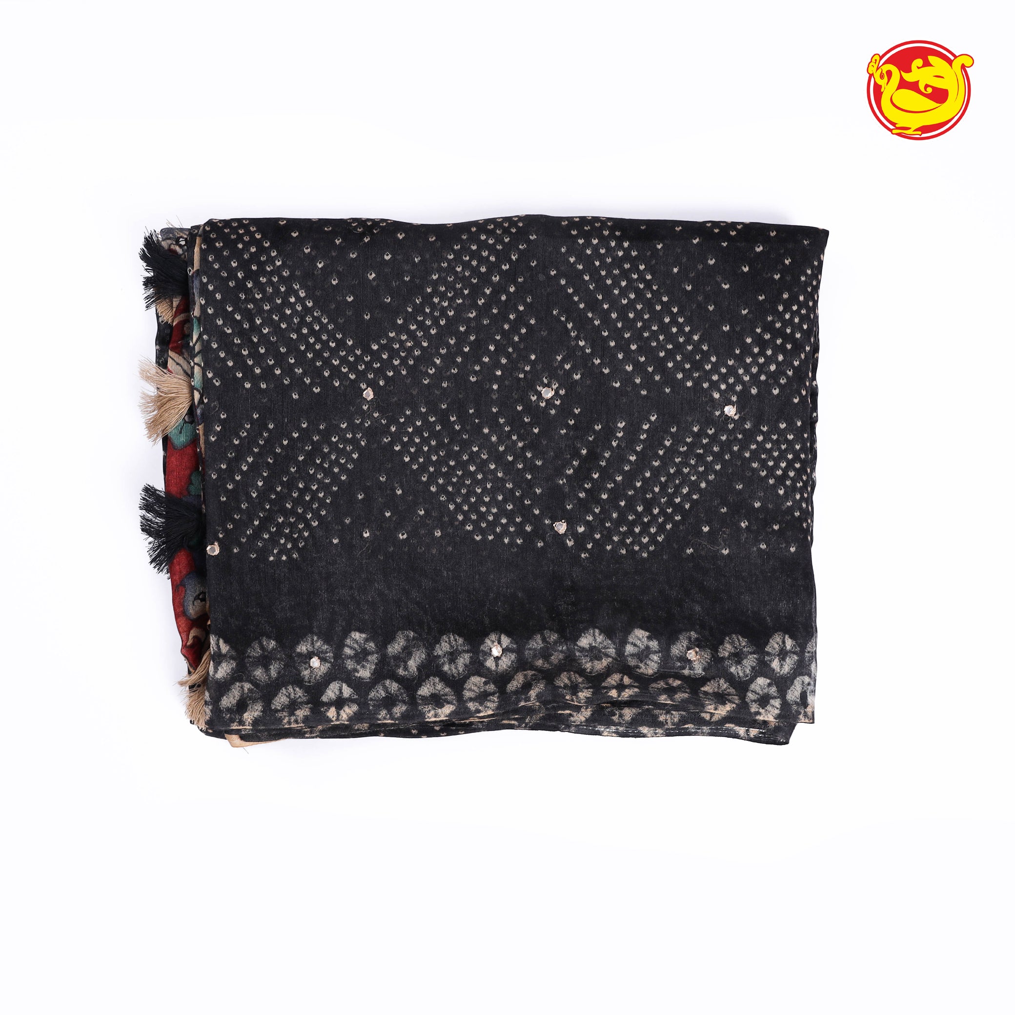 Black semi linen saree with mirror work embroidery