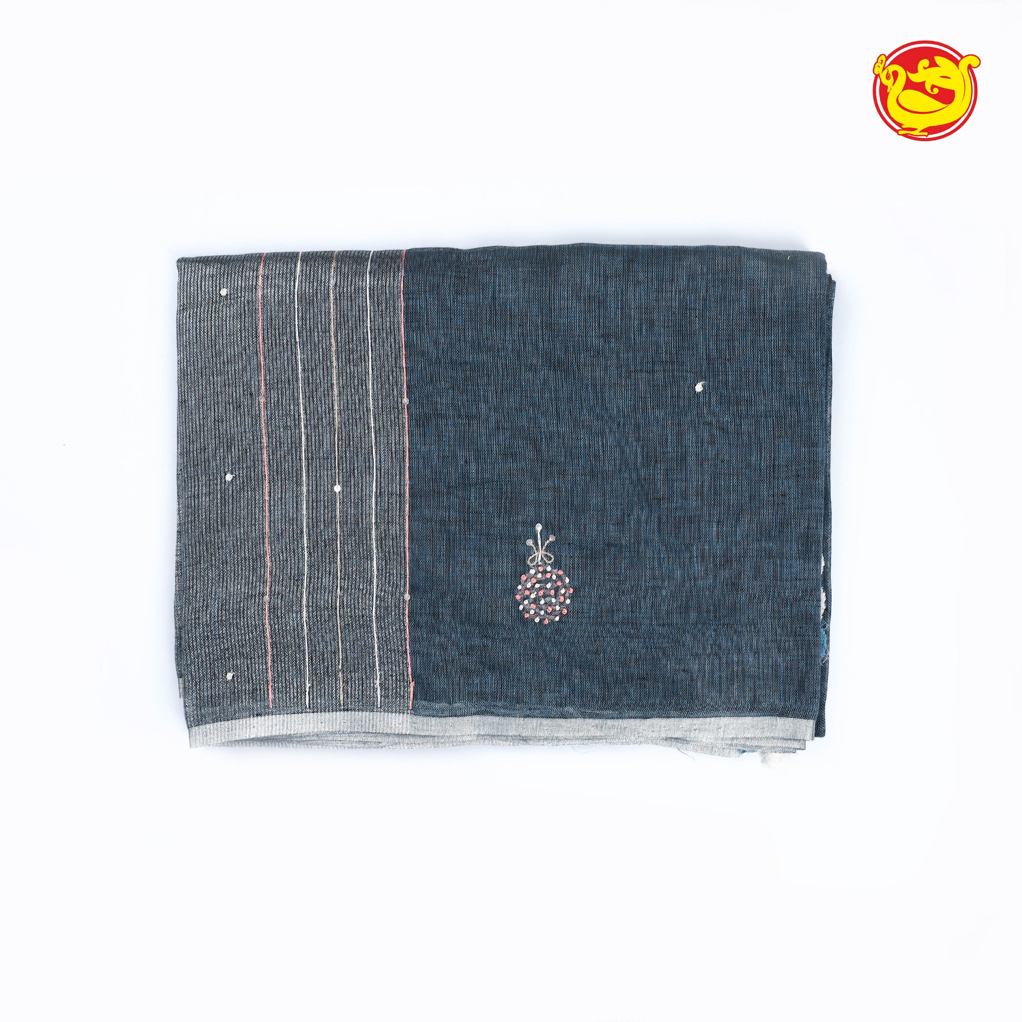 Bluish Grey pure linen saree with hand embroidery