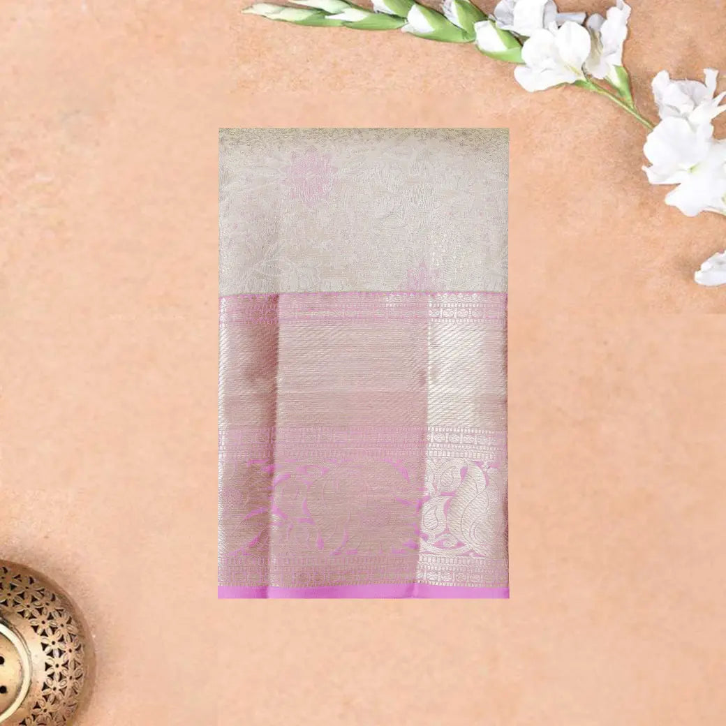 Light Cream with Light Pink Border Floral Design in Gold Zari Tissue Wedding Silk Saree