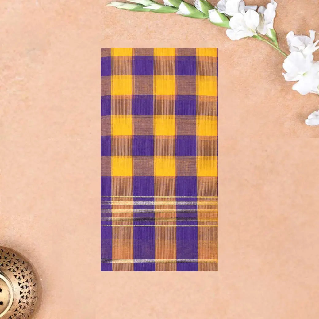 Yellow with Purple Checked Pure Chettinad Cotton Saree without Blouse