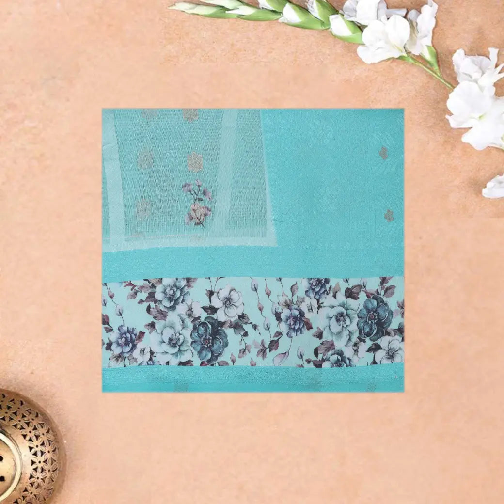 LIGHTBLUE WITH CYENSemi Burberry Silk Saree