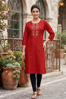 Red Color Ladies Readymade Straight Cut Top
