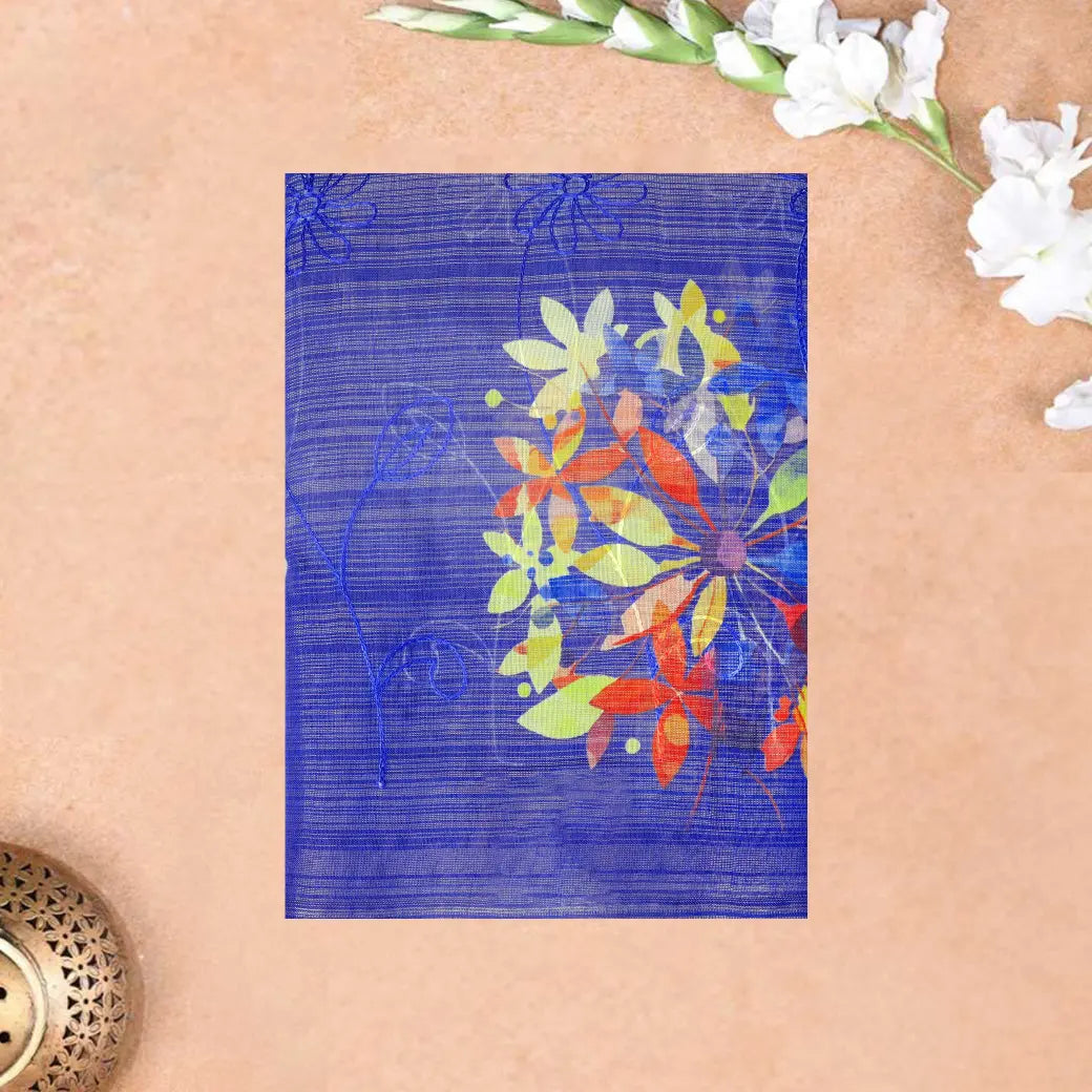 Cobalt Blue with Floral Design Trendy Tissue Fancy Saree