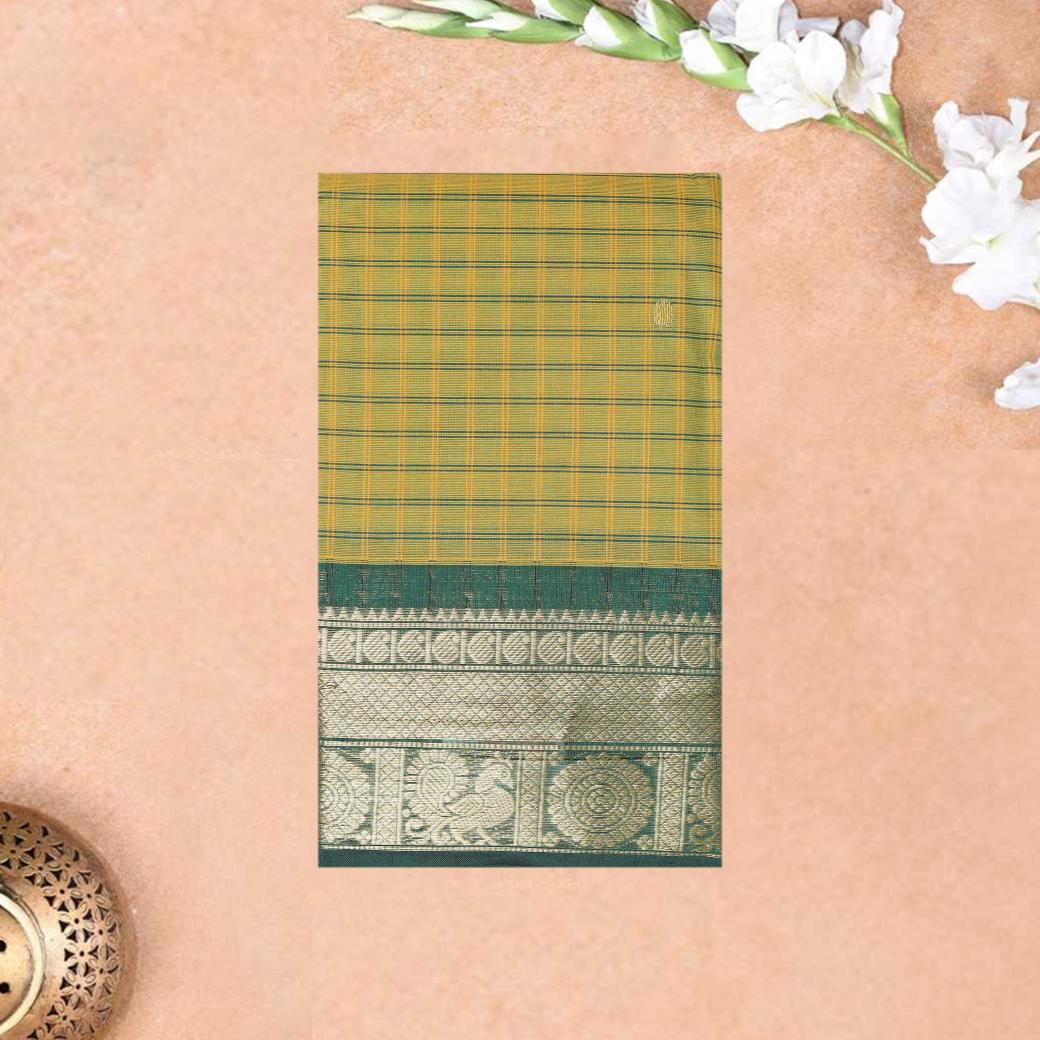 Olive Green With Bottle Green Contrast Border Checked  Pure Cotton Saree