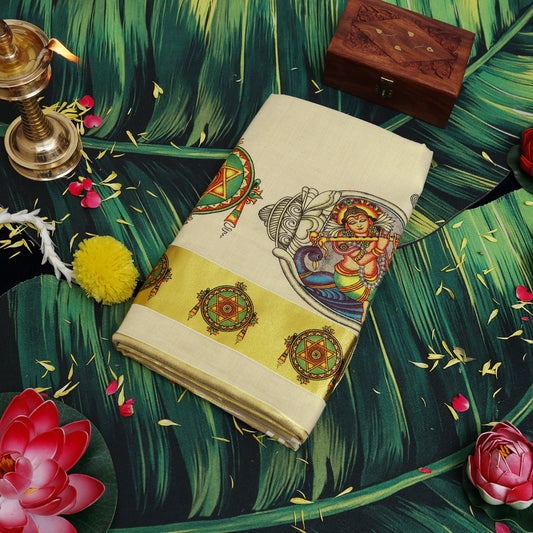 Off White With Mural Prints Depicting Lord traditional kerala onam saree