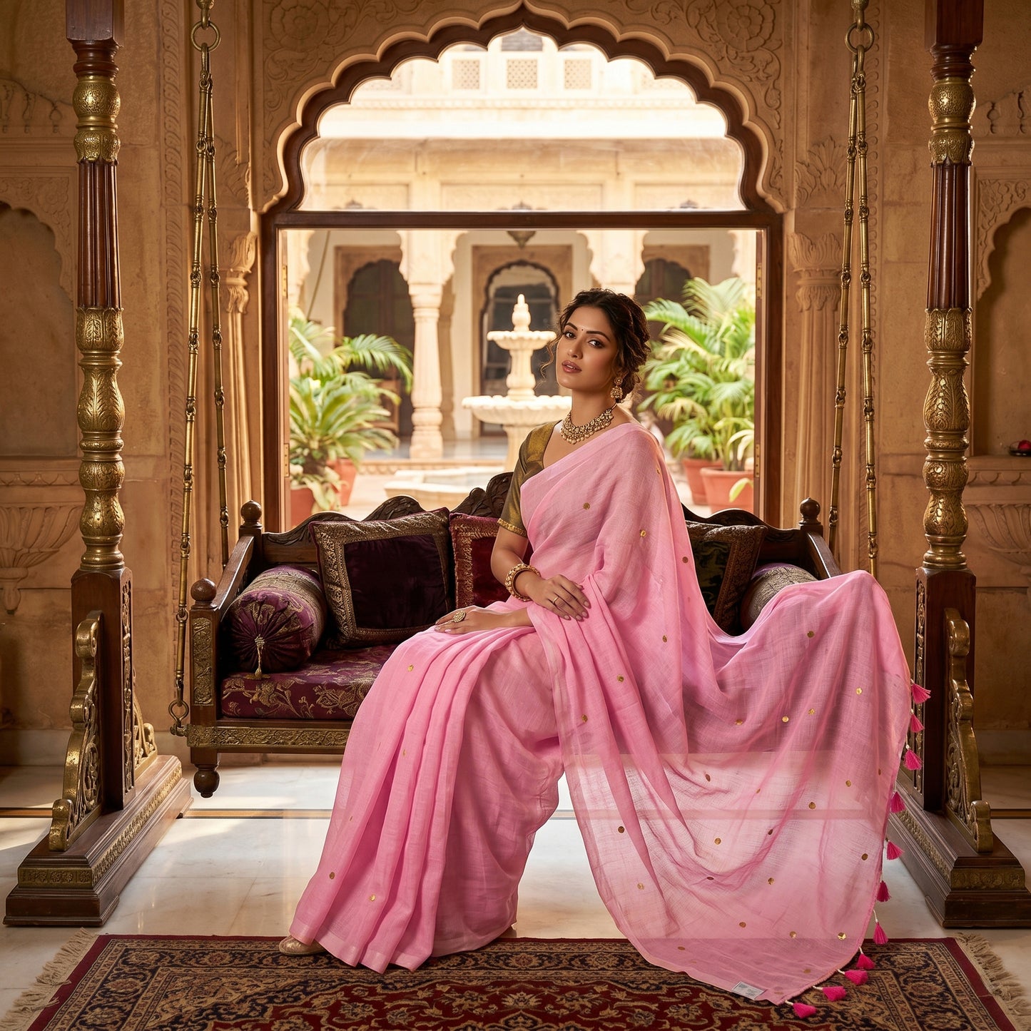 Pink With Gold- Toned Butti ( Motif ) Mul Mul Cotton Saree