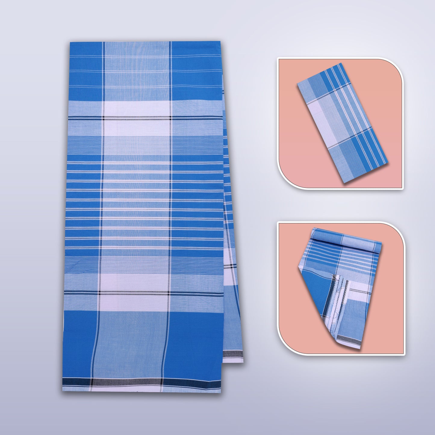 Men’s Blue With White Stripe Checked Cotton Stitched Lungi