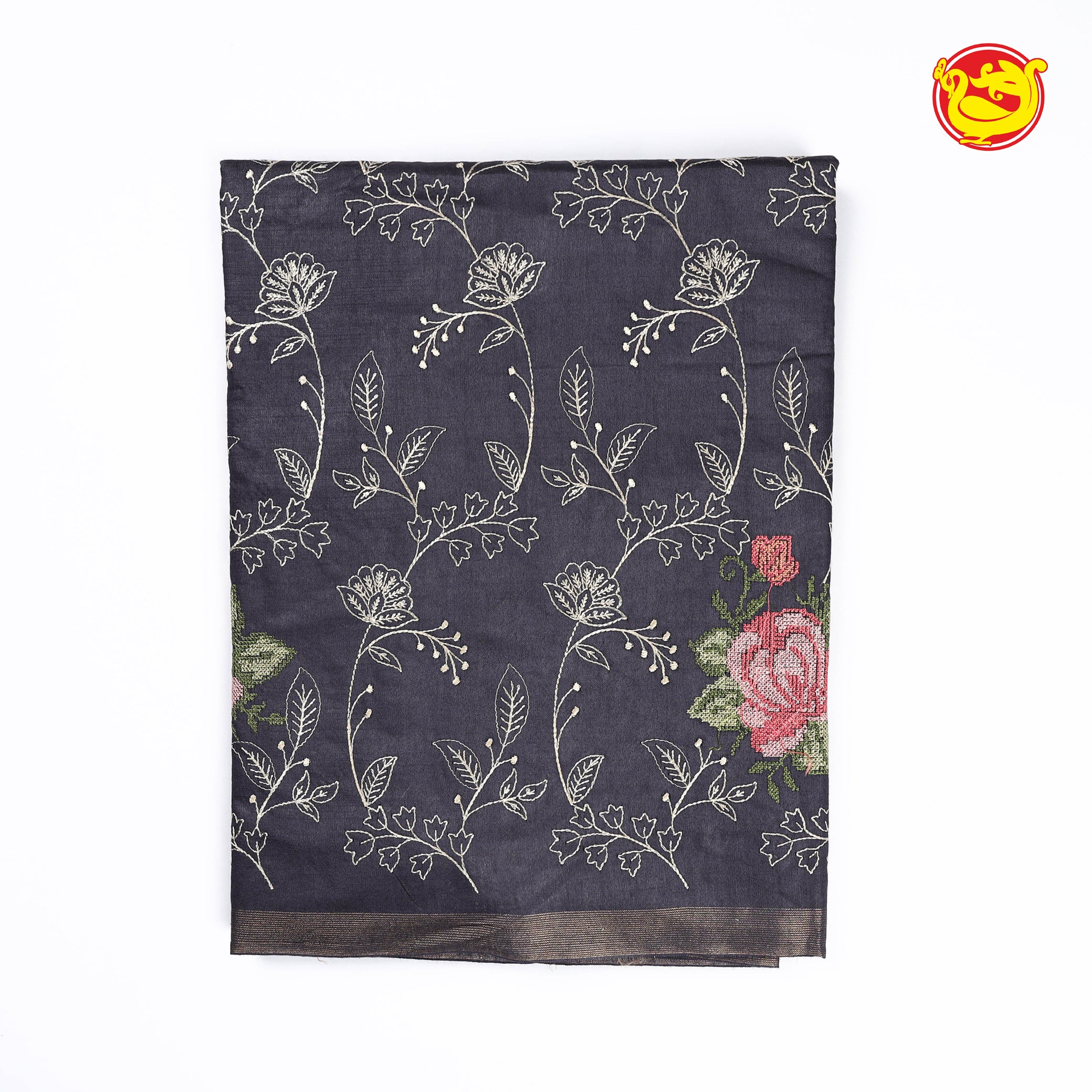 Charcoal grey art tussar saree with floral embroidery