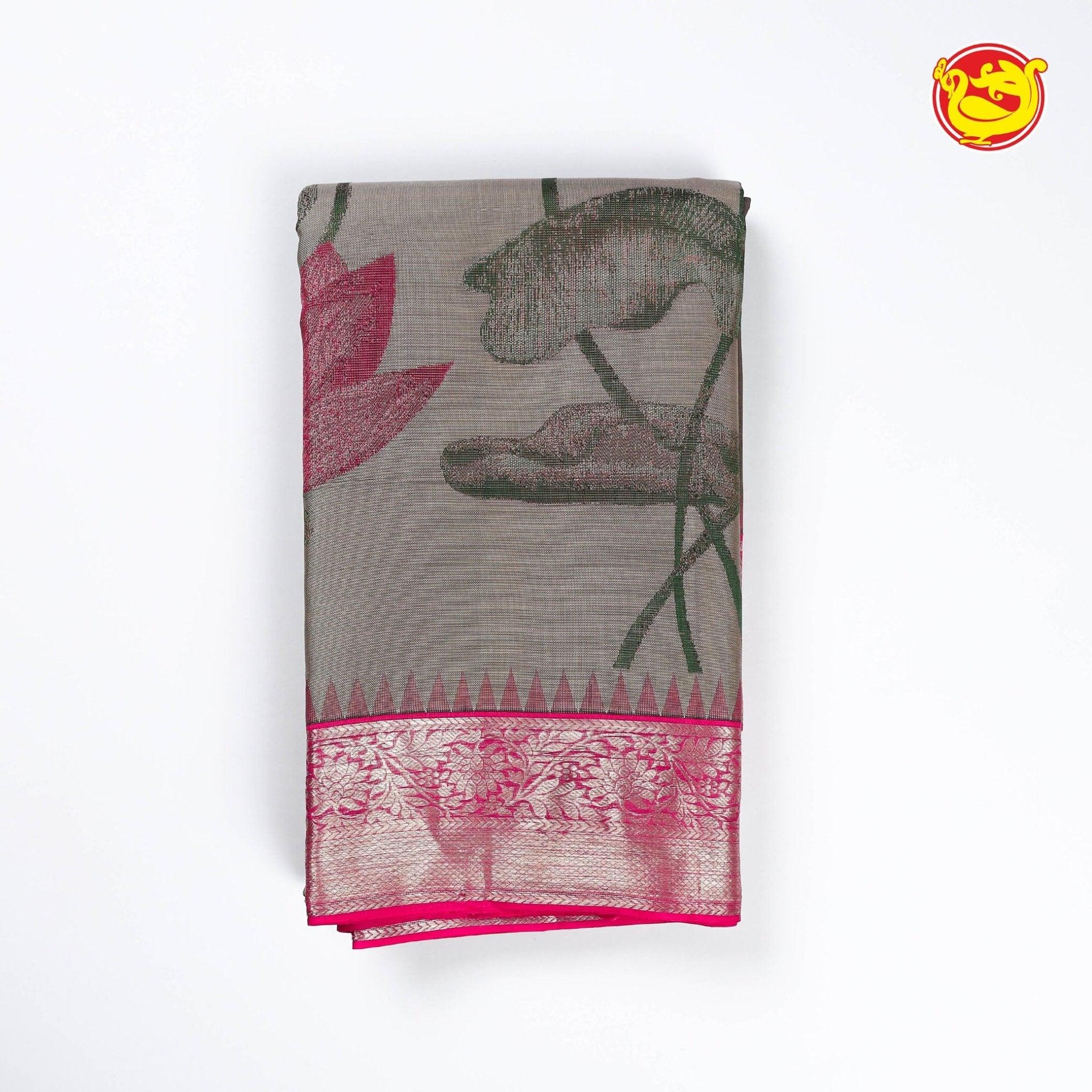 Grey with pink pure silk saree with woven lotus motifs in a raising pattern - Thenianantham