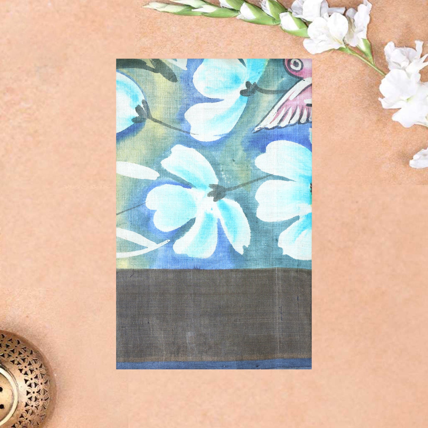 Pure Tussar Silk Saree Aegean Blue and Blue Border With Floral Design and Painted Prints and Zari Woven Border
