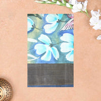 Pure Tussar Silk Saree Aegean Blue and Blue Border With Floral Design and Painted Prints and Zari Woven Border