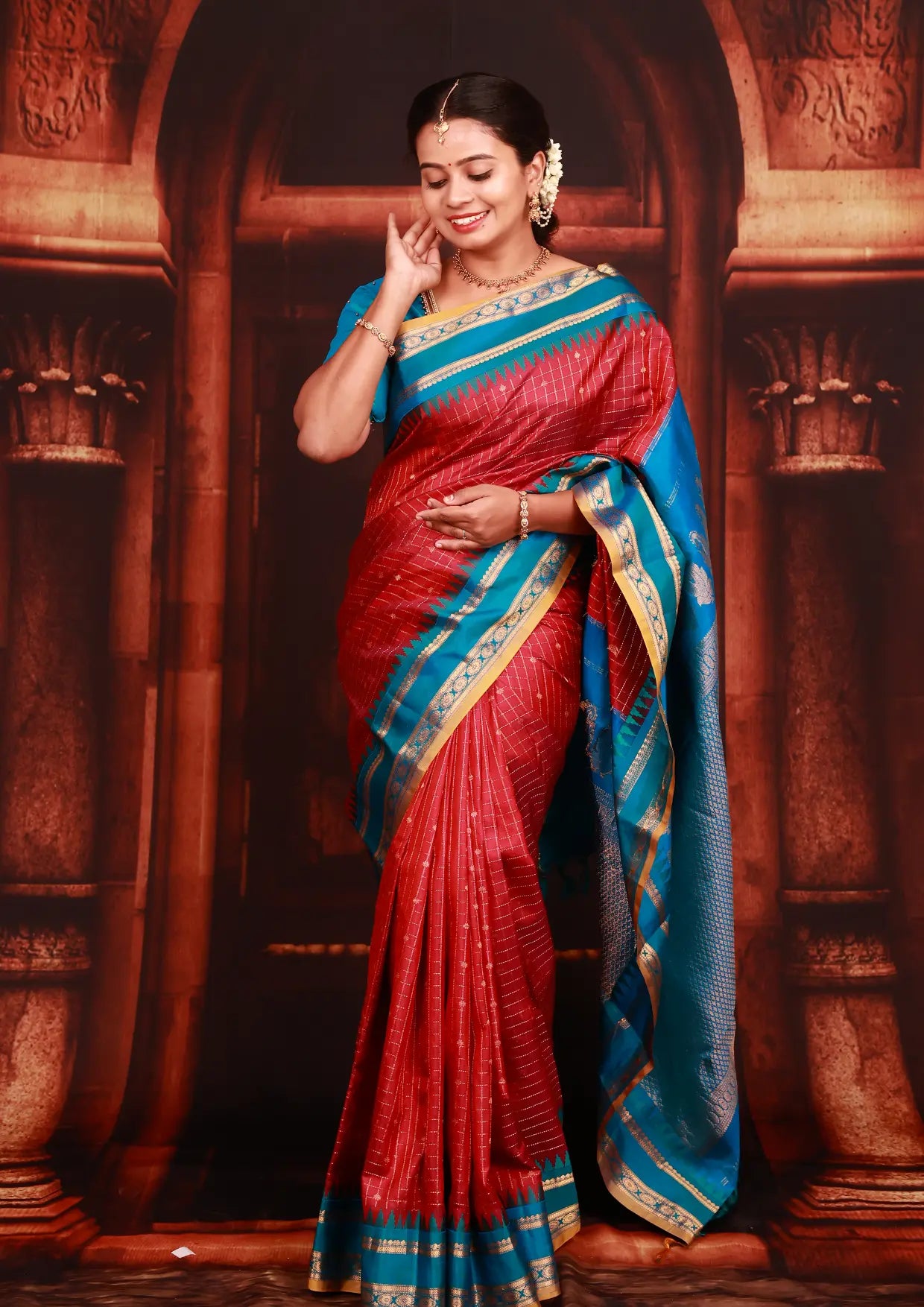 Red Colour With Royal Blue Copper Zari Border  Soft Silk Saree