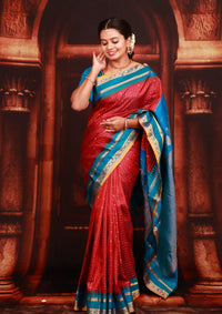 Red Colour With Royal Blue Copper Zari Border  Soft Silk Saree