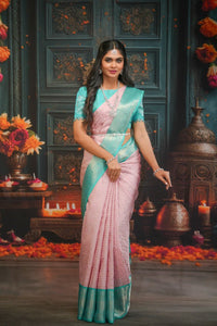 Pastel pink with light blue hamsam silk saree - Thenianantham