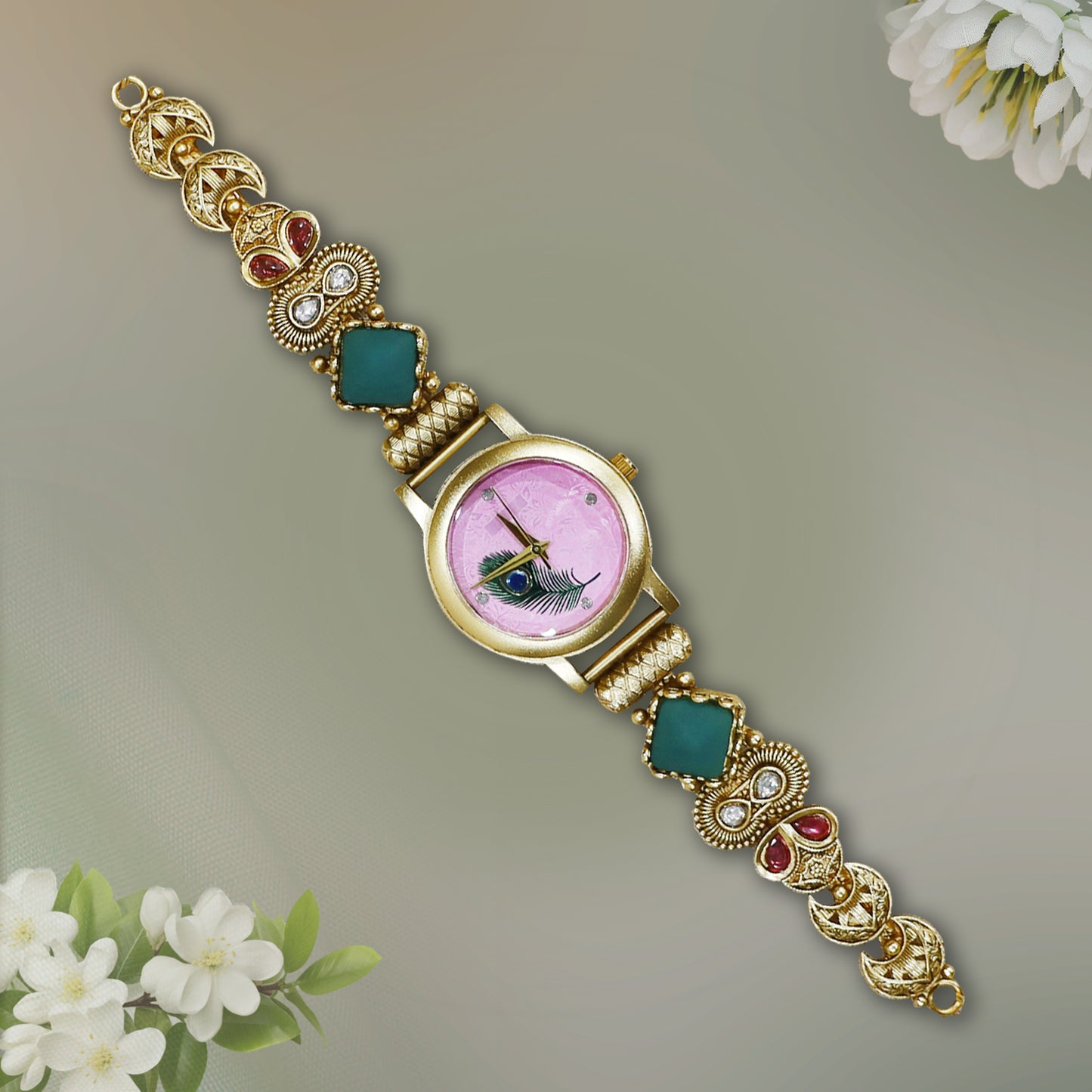 Antique Trending Jadau and Peacock Feather Design Watch