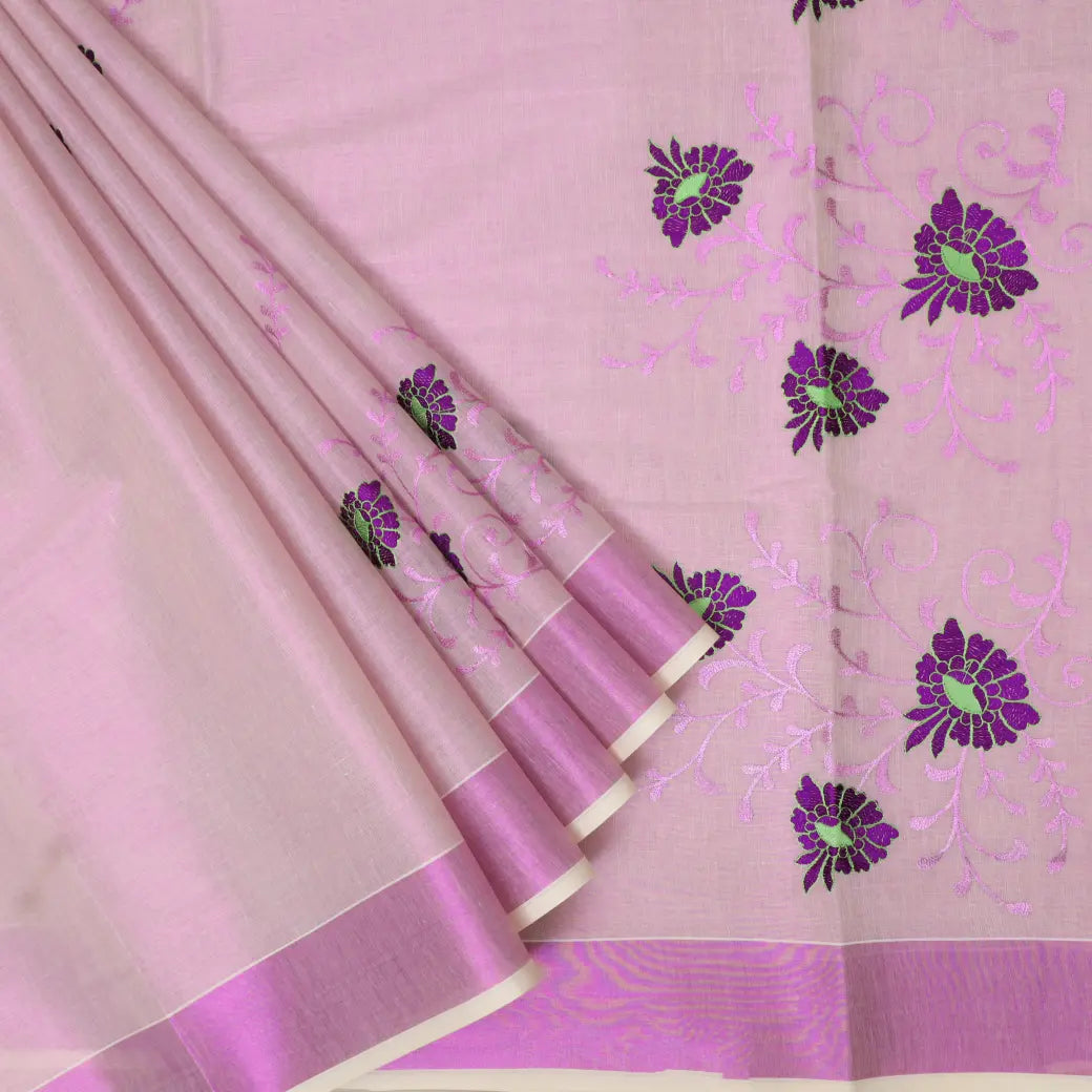 Southloom Exclusive Onam Kerala Traditional Fancy Border Floral  Cotton Saree (Matching Plain Blouse Included)