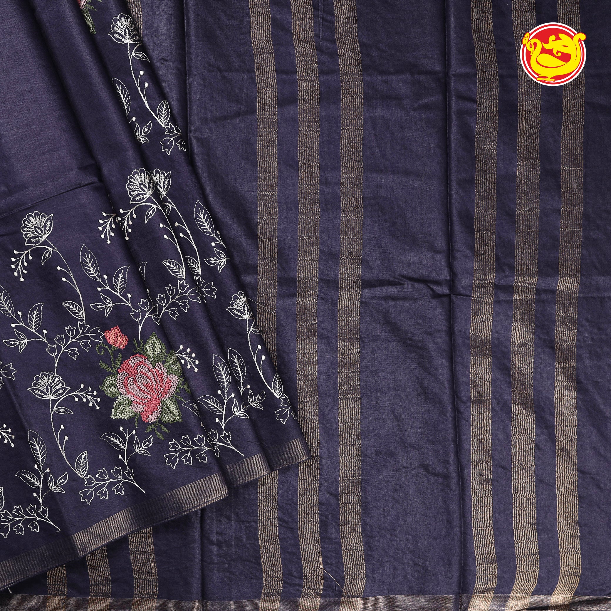Charcoal grey art tussar saree with floral embroidery