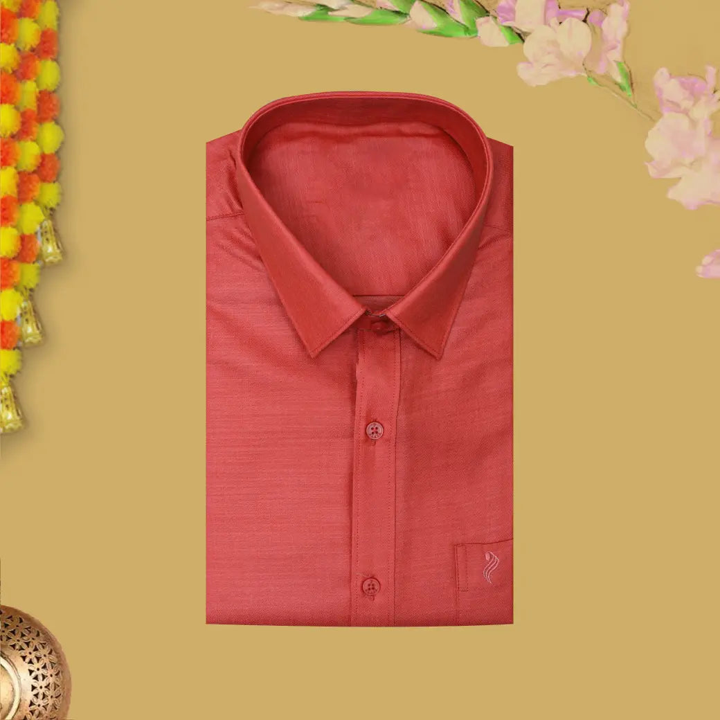 Brick Red With Sandel Cotton Readymade Shirt and Singel Matching Border Dhoti Set For Men