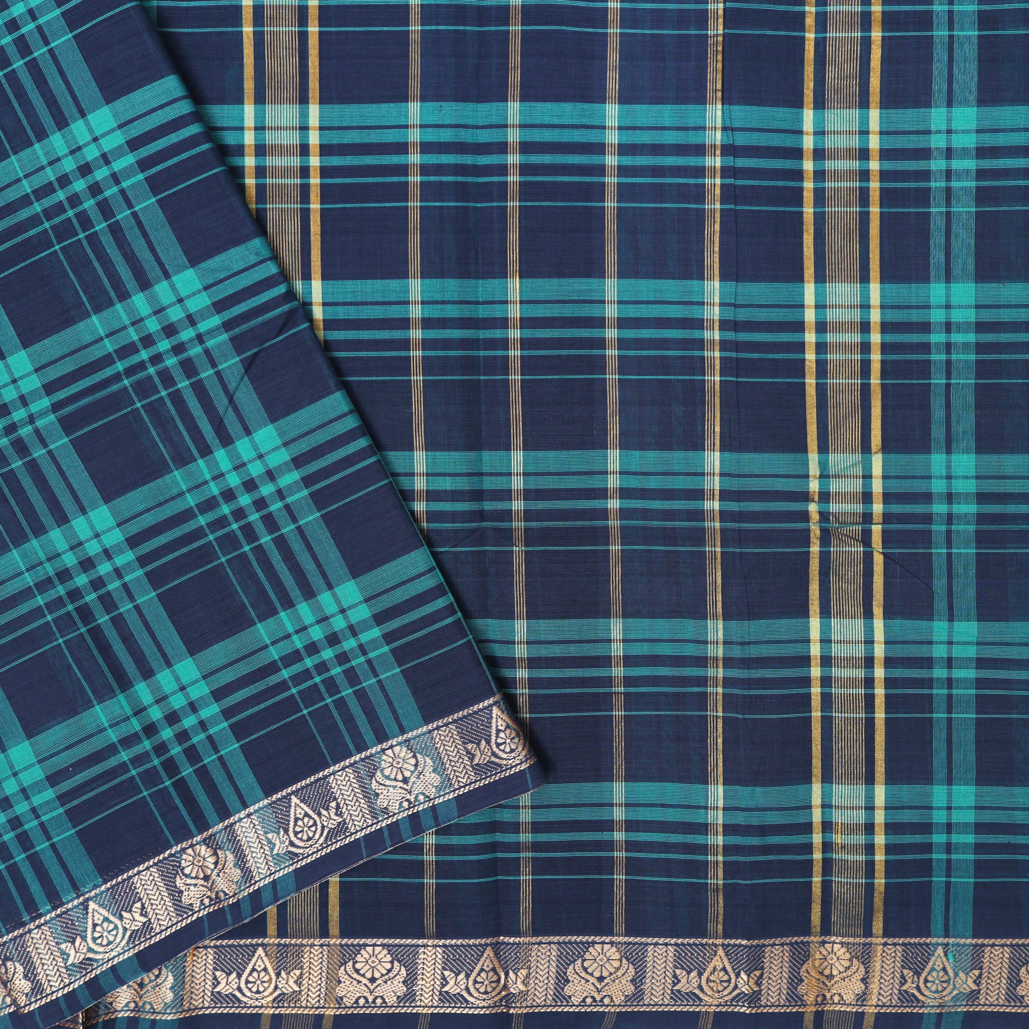Green – Navy Blue  Colour Small Checked Pattern Pure Chettinad Cotton Saree without Blouse