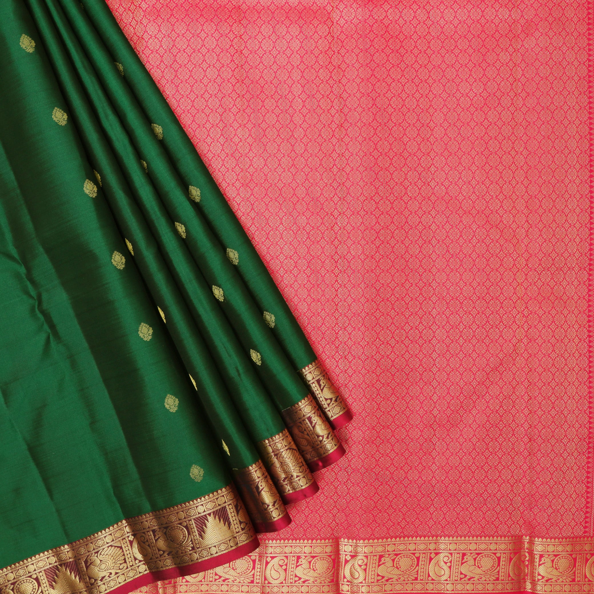 Dark Green With Pink Gold Zari Yuvana Semi Soft Silk Saree