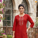 Red Color Ladies Readymade Straight Cut Top