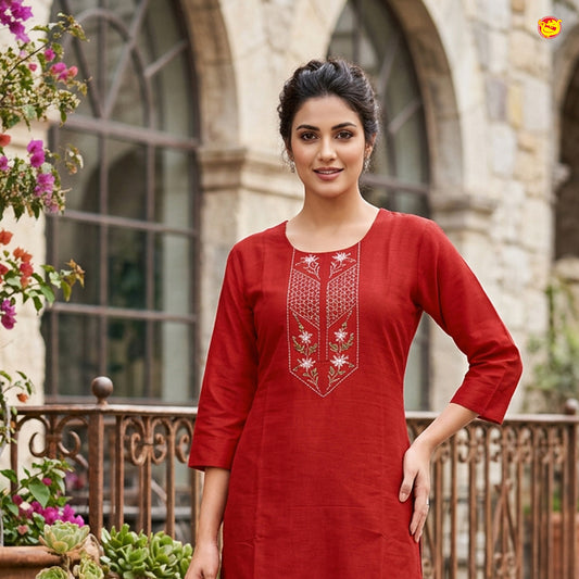 Red Color Ladies Readymade Straight Cut Top