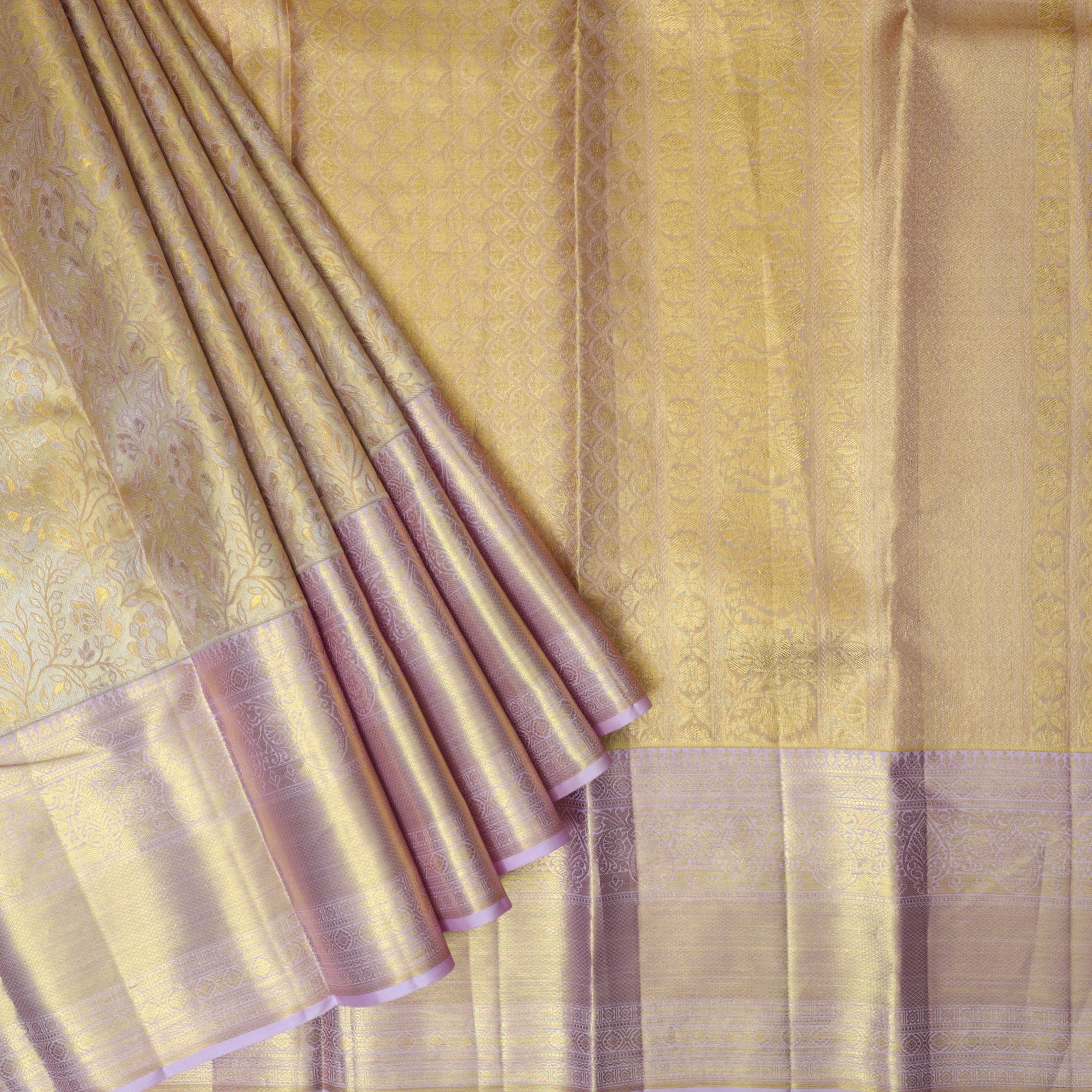 Golden Color With Light Pink Golden Zari Border Wedding Silk Saree