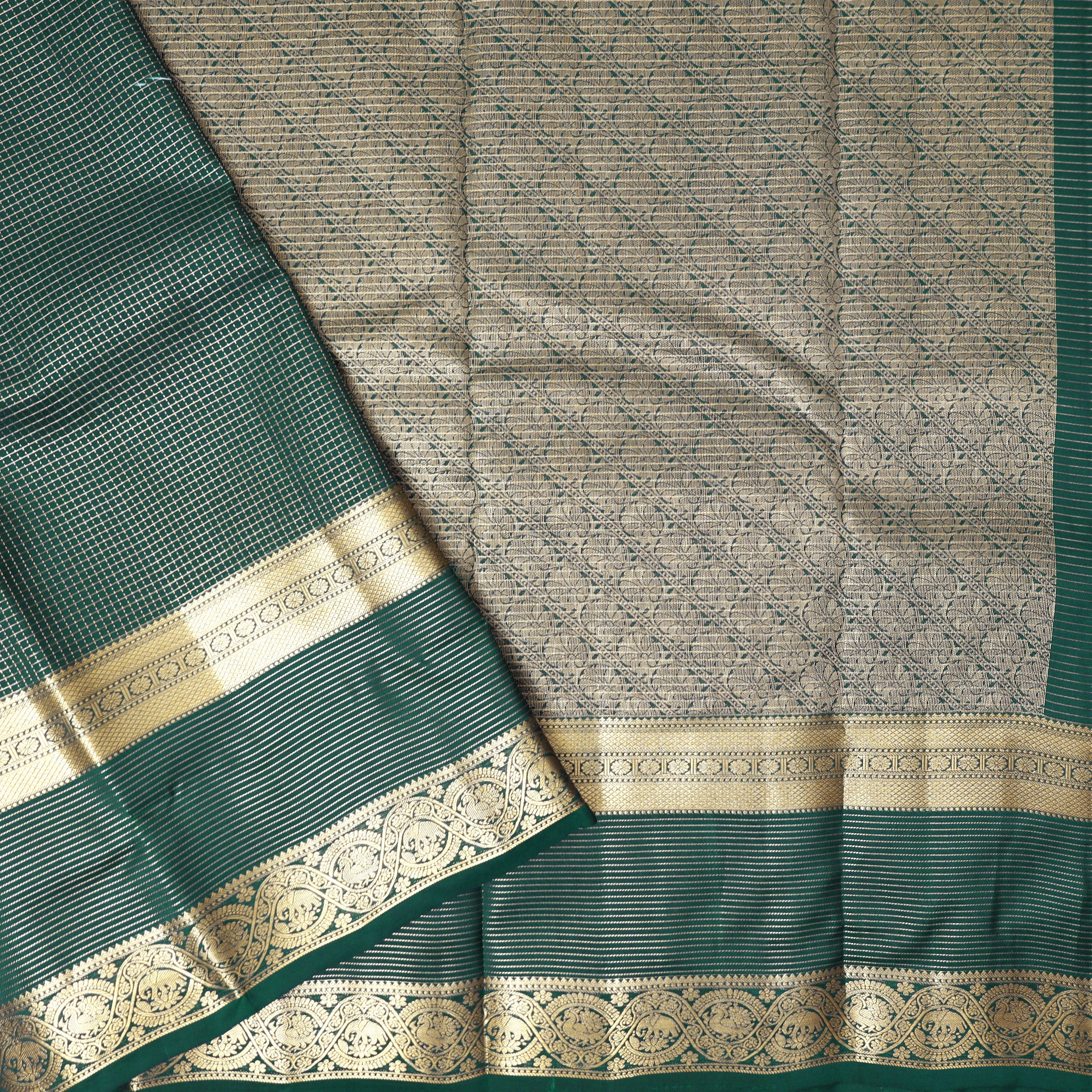 Dark Green With  Gold Zari Yuvana Semi Soft Silk Saree