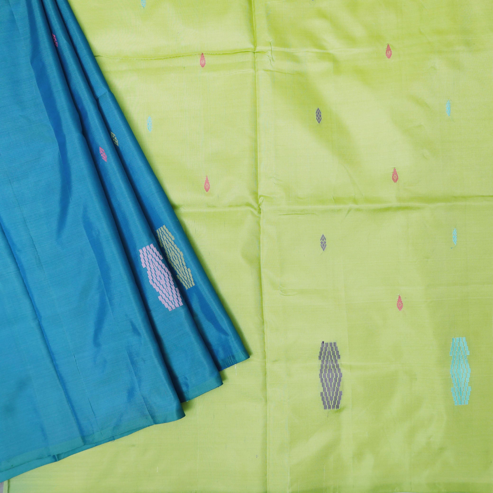 Medium Blue With Lime Green Pallu Banana Pith Saree With Running Blouse