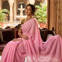 Pink With Gold- Toned Butti ( Motif ) Mul Mul Cotton Saree