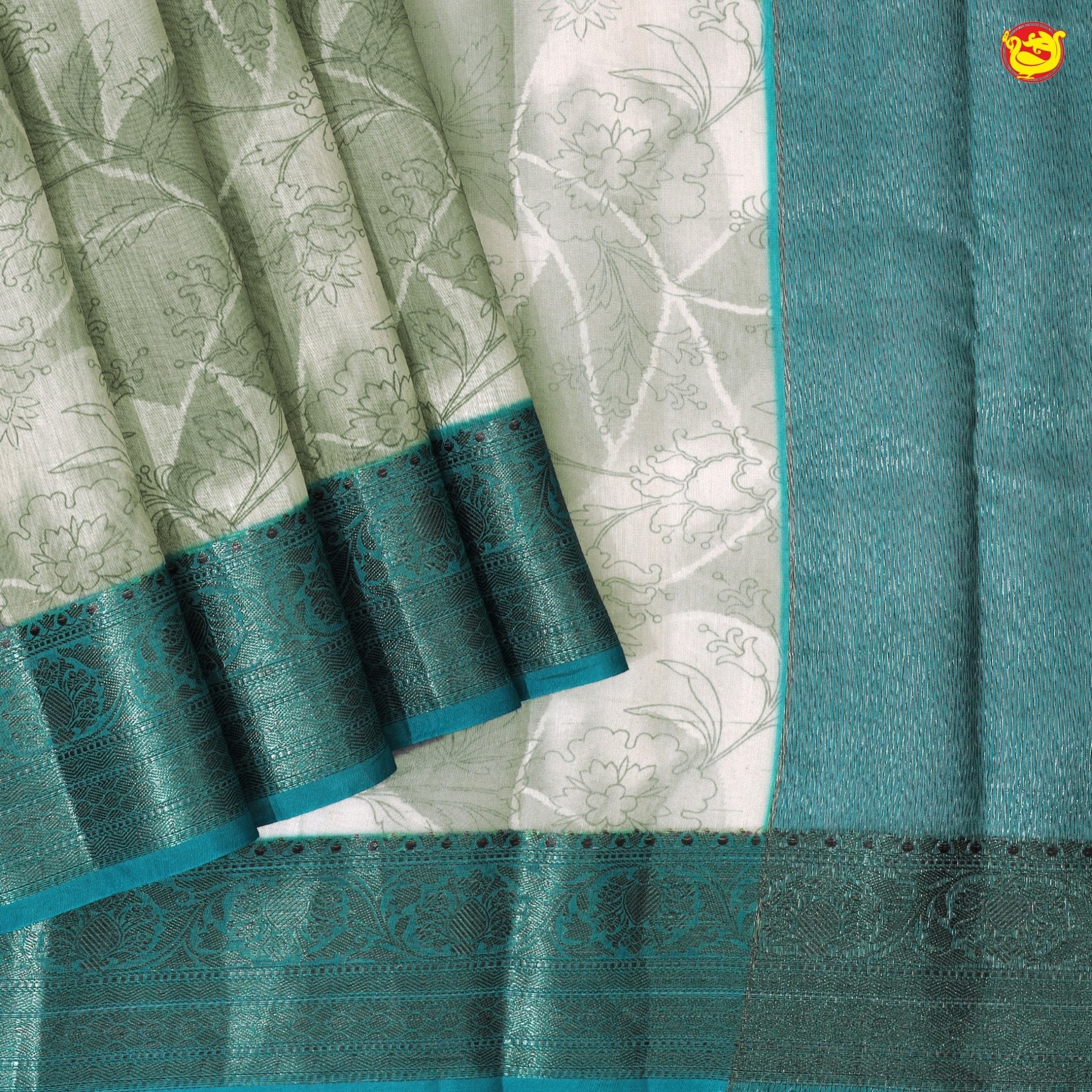 Unique Olive Green with Peacock Blue Chanderi Silk Saree with Floral Design and Copper Zari Border