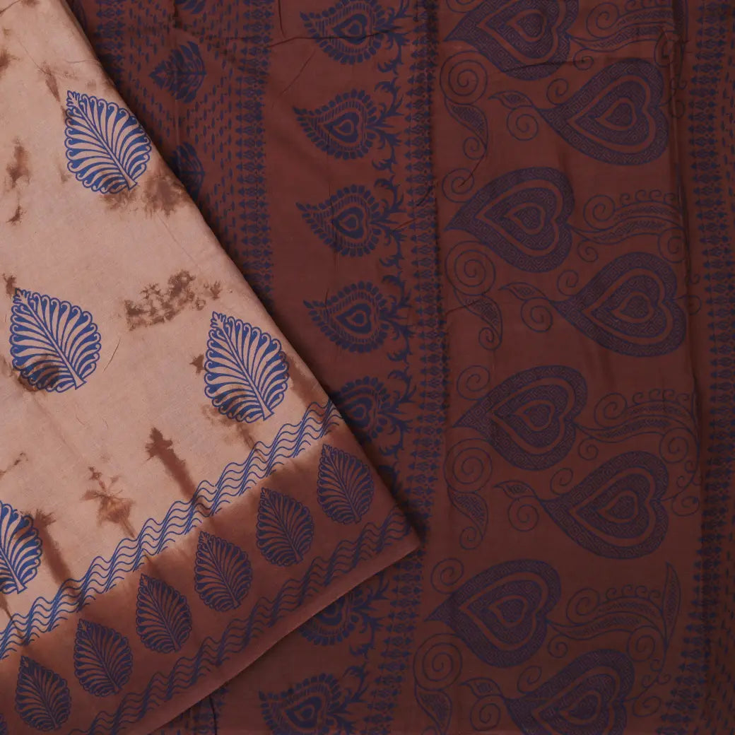 brown and blue Sungudi Cotton Saree without Blouse
