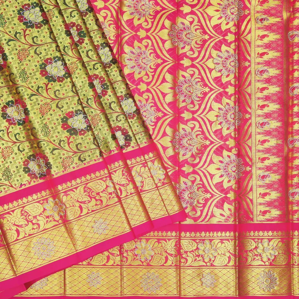 Gold & Green with Deep Pink Border Pure Thirupuvanam Wedding silk saree