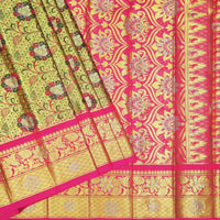 Gold & Green with Deep Pink Border Pure Thirupuvanam Wedding silk saree - Thenianantham