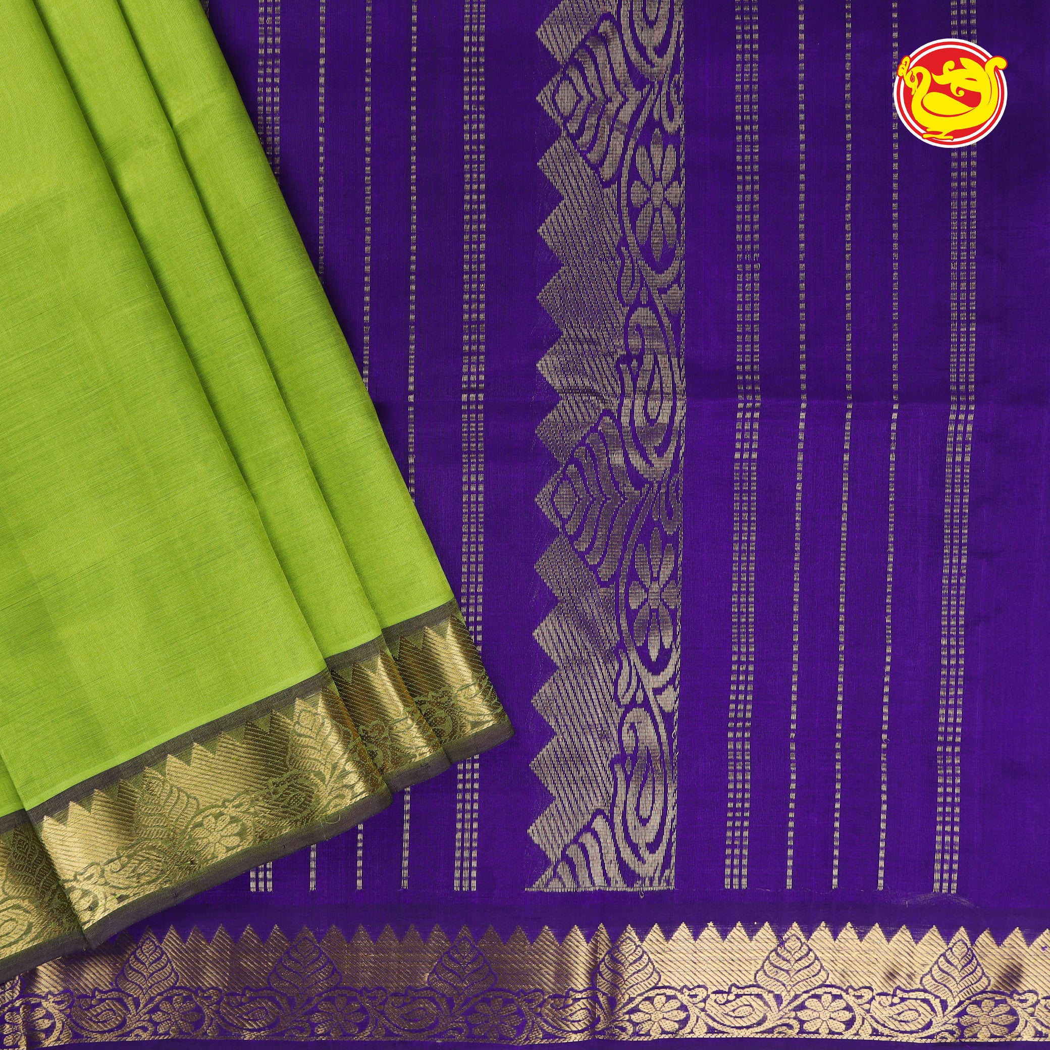 Parrot green with ink blue pure silk cotton saree