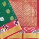 Green With Red Semi Pochampalli Zari Border Silk Cotton Saree