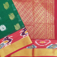 Green With Red Semi Pochampalli Zari Border Silk Cotton Saree