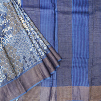 Pure Tussar Silk Saree primarily blue With Floral Design and Painted Prints and Zari Woven Border