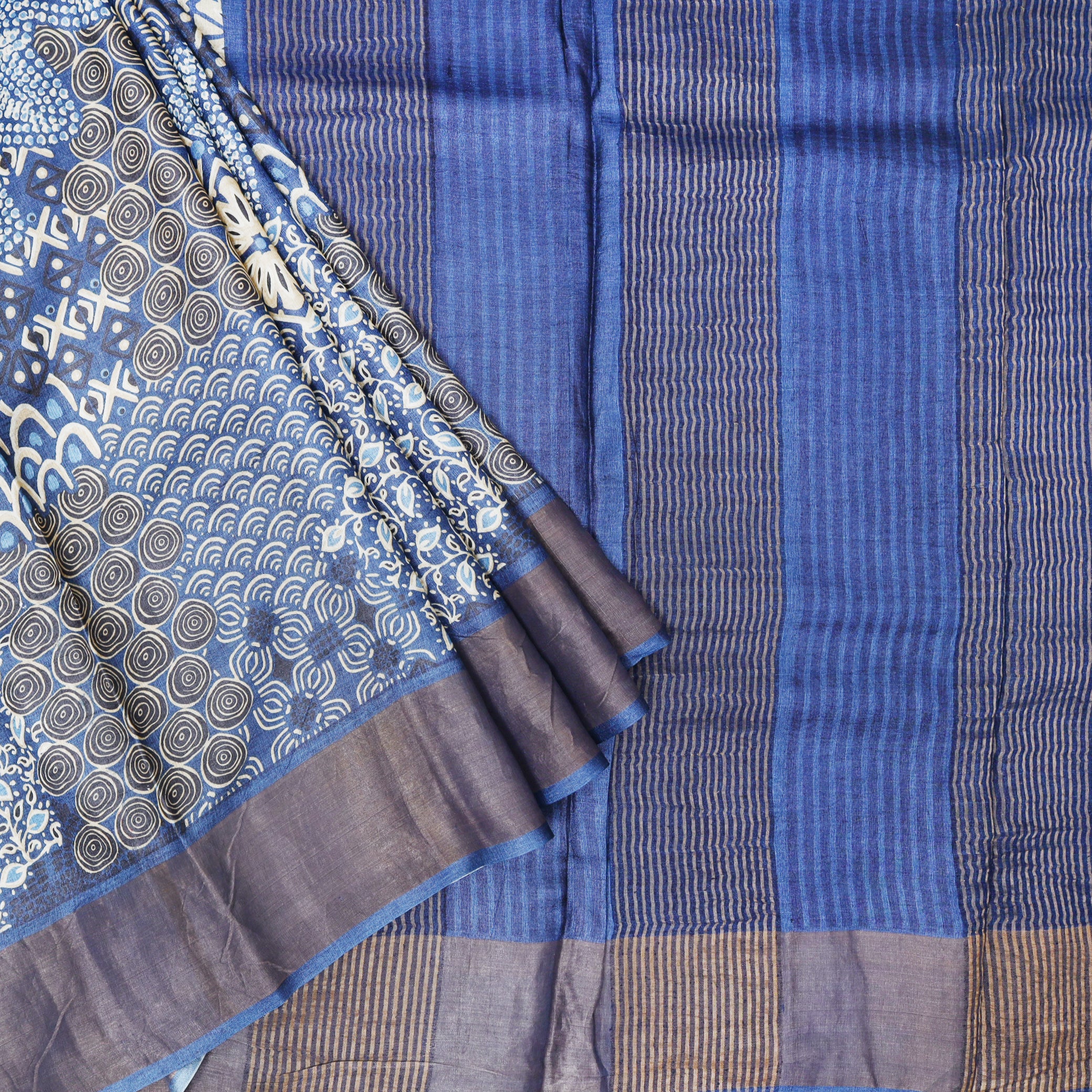 Pure Tussar Silk Saree primarily blue With Floral Design and Painted Prints and Zari Woven Border