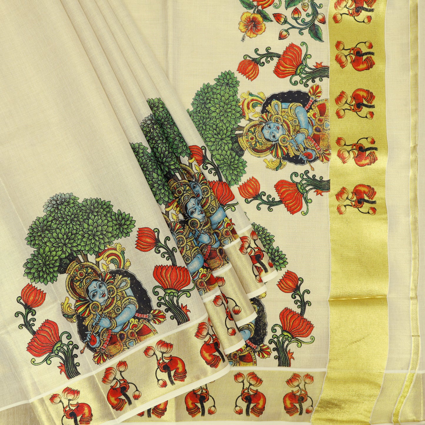 Off White With Mural Prints Depicting Lord traditional kerala onam saree