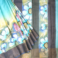 Pure Tussar Silk Saree Aegean Blue and Blue Border With Floral Design and Painted Prints and Zari Woven Border