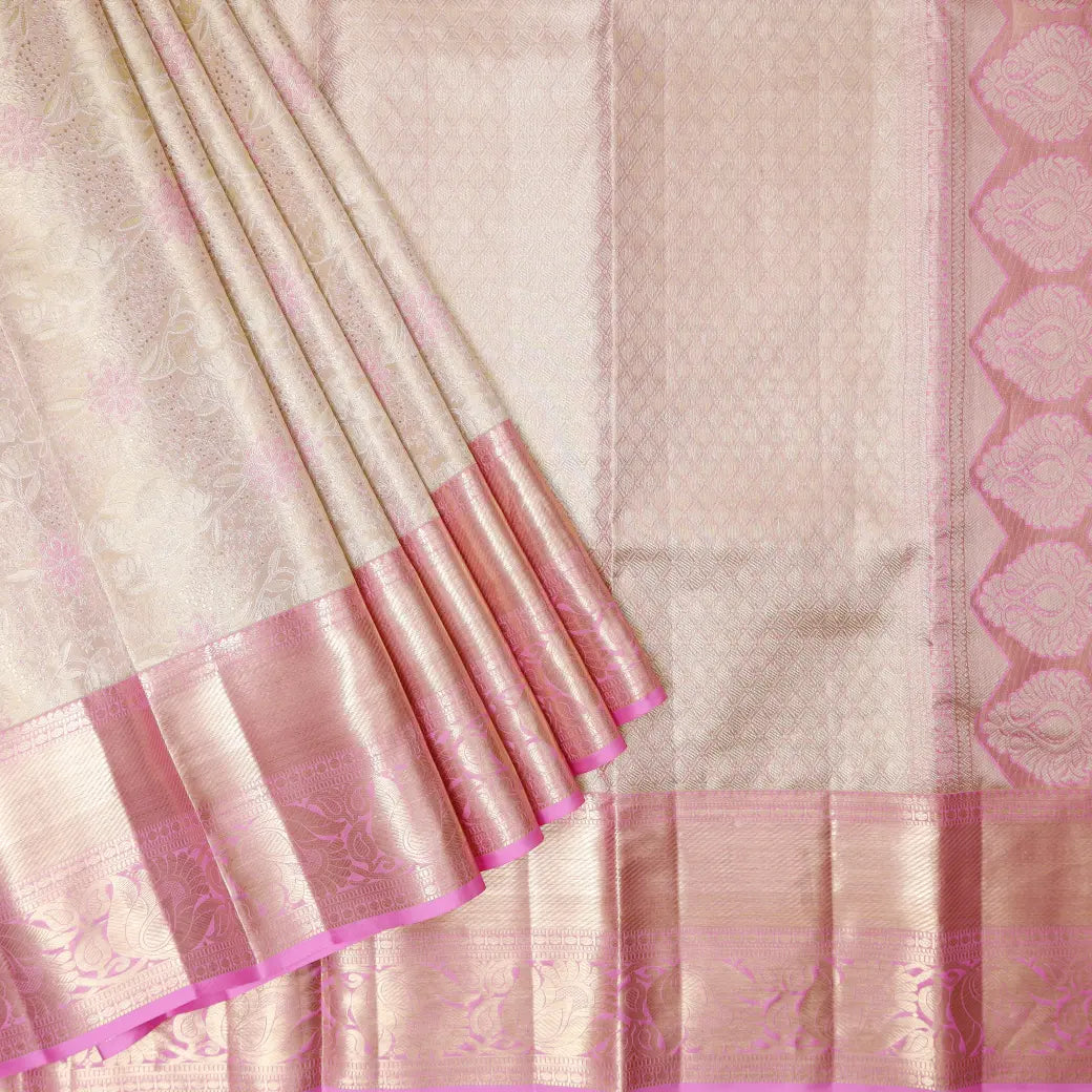 Light Cream with Light Pink Border Floral Design in Gold Zari Tissue Wedding Silk Saree