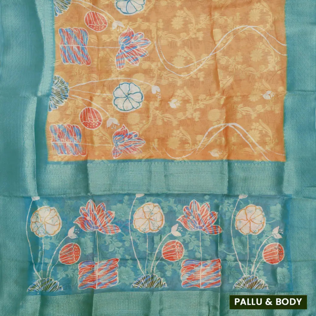 Light Orange with Teal Blue Semi Burberry Silk Saree