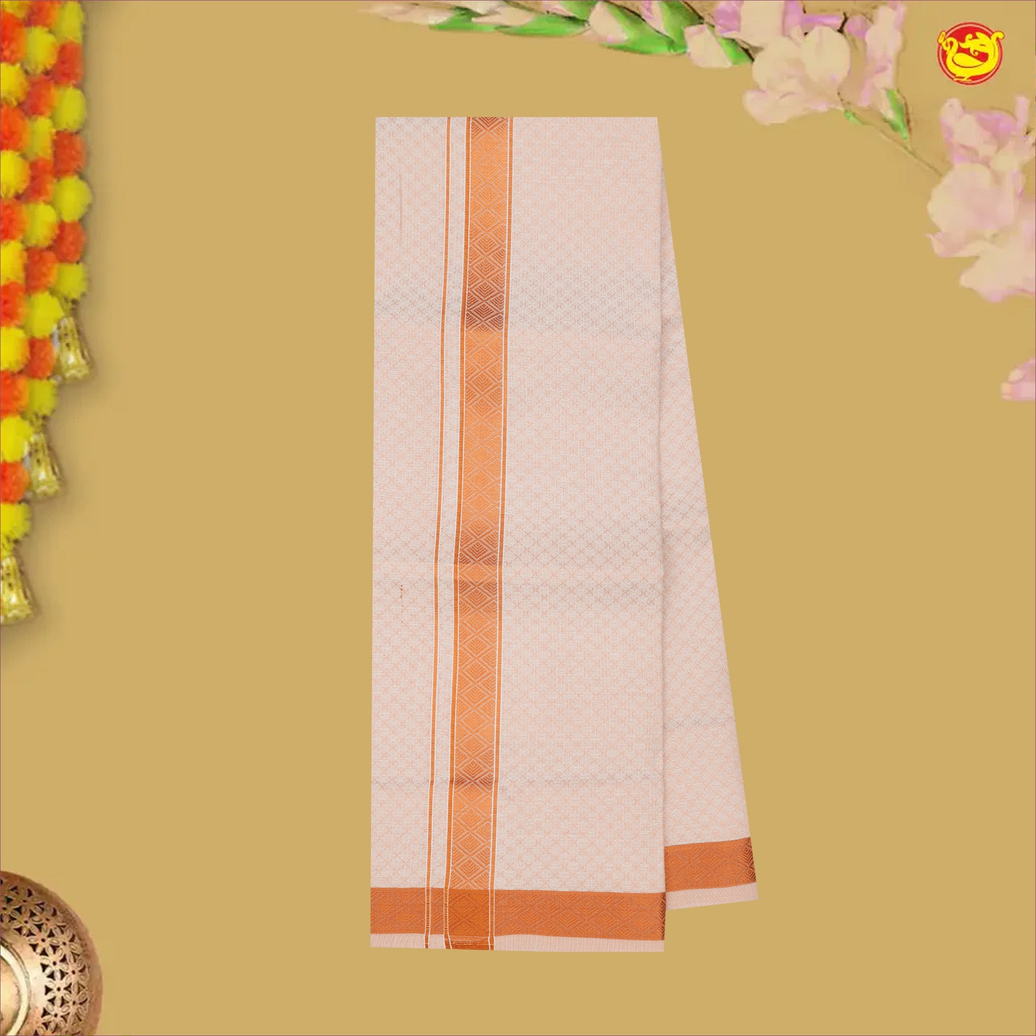 Light Peach Colour  Readymade Shirt And Matching Border Dhoti Set for Men