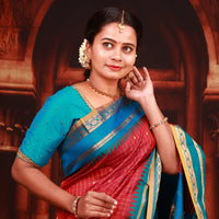 Red Colour With Royal Blue Copper Zari Border  Soft Silk Saree