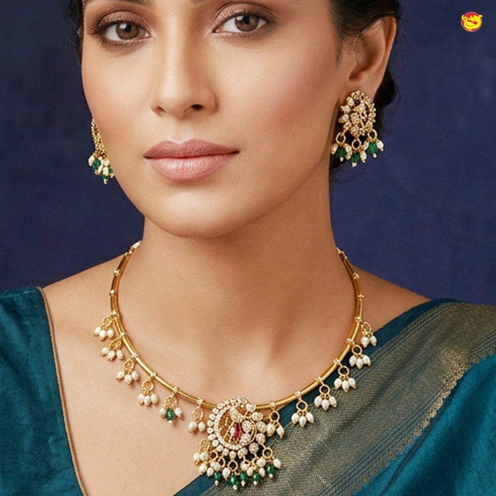 Antique Necklace Peacock Model With Silver Stone Necklace & matching earrings Set