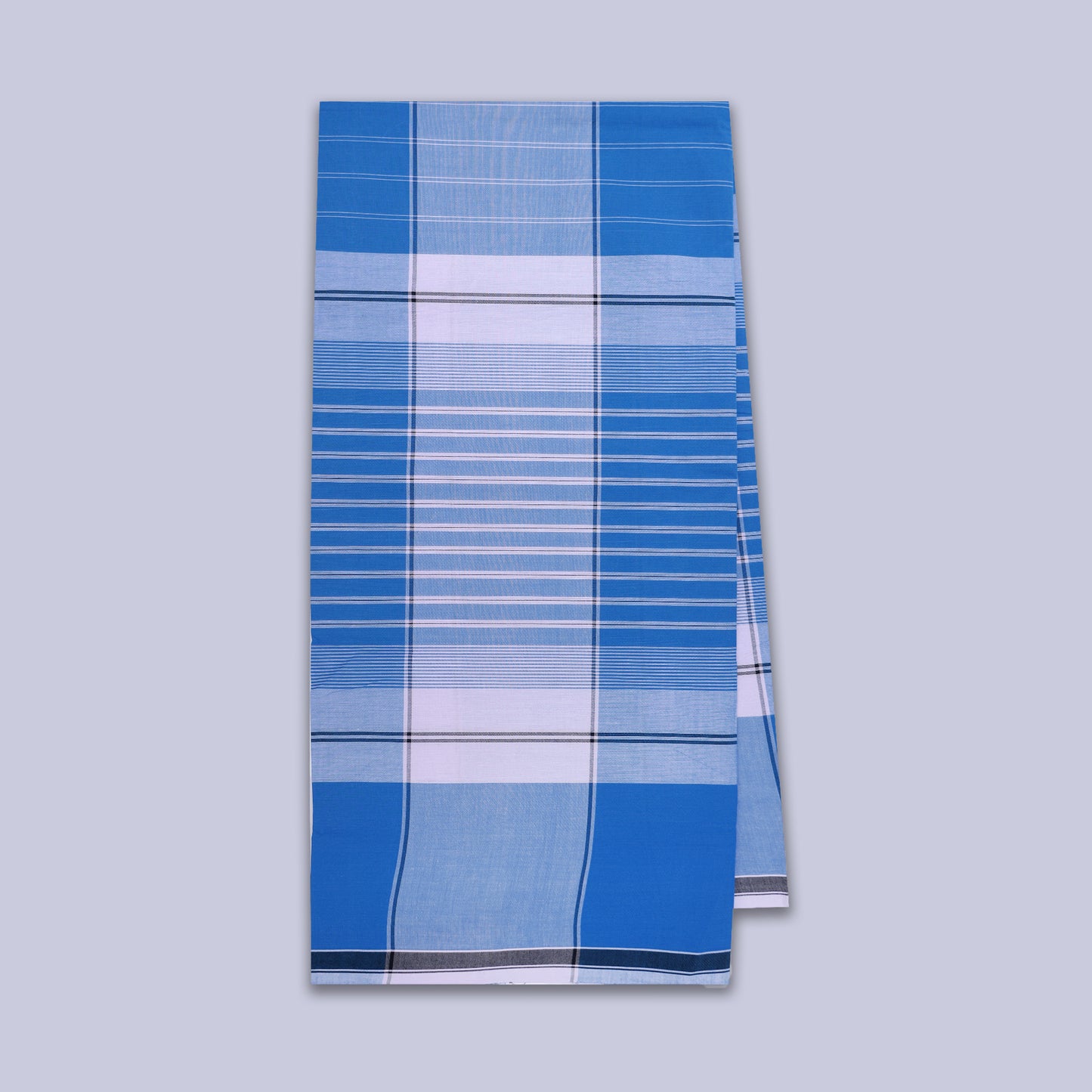 Men’s Blue With White Stripe Checked Cotton Stitched Lungi