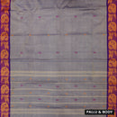 Grey With Dark Purple Small Checked Pattern Pure Cotton Saree without Blous